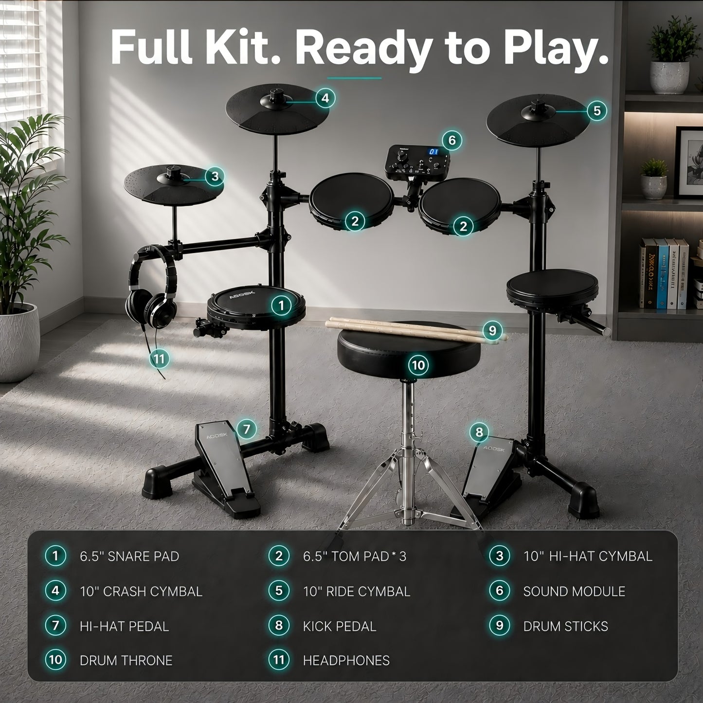 Electronic Drum Set For Beginners. It Has 150 Kinds Of Tones, 4 Silent Drum Pads, 2 Pedals And Comes With Accessories.