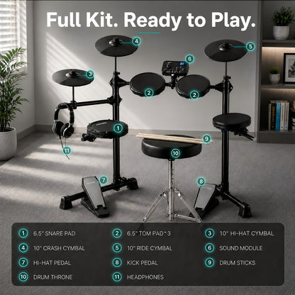Electronic Drum Set For Beginners. It Has 150 Kinds Of Tones, 4 Silent Drum Pads, 2 Pedals And Comes With Accessories.
