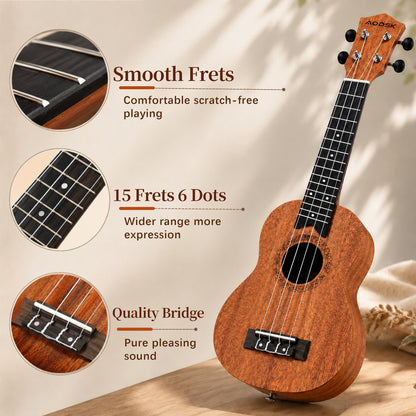 AODSK Soprano Ukulele for Beginner 21 Inch Matte Sapele Wood Beginner Kit with Bag & Accessories