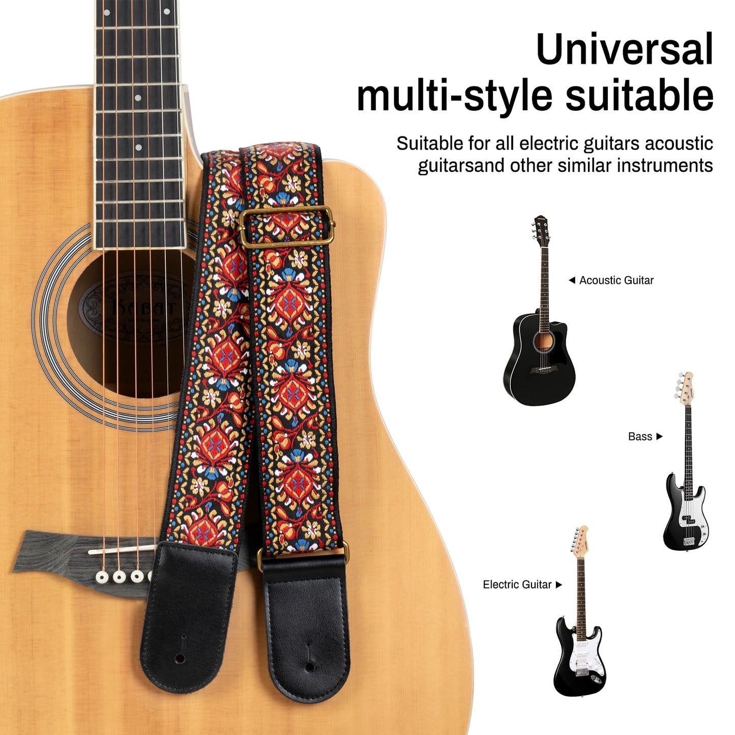 AODSK Guitar Strap Vintage Woven Adjustable,includes 2 Strap Locks, For Bass, Electric & Acoustic Guitars (Red Braiding)