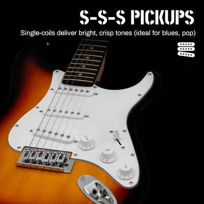 AODSK Electric Guitar for Beginners – 39" Sunburst SSS | Authentic Strat-Style Electric Guitar Kit with Amp, Gig Bag & Accessories
