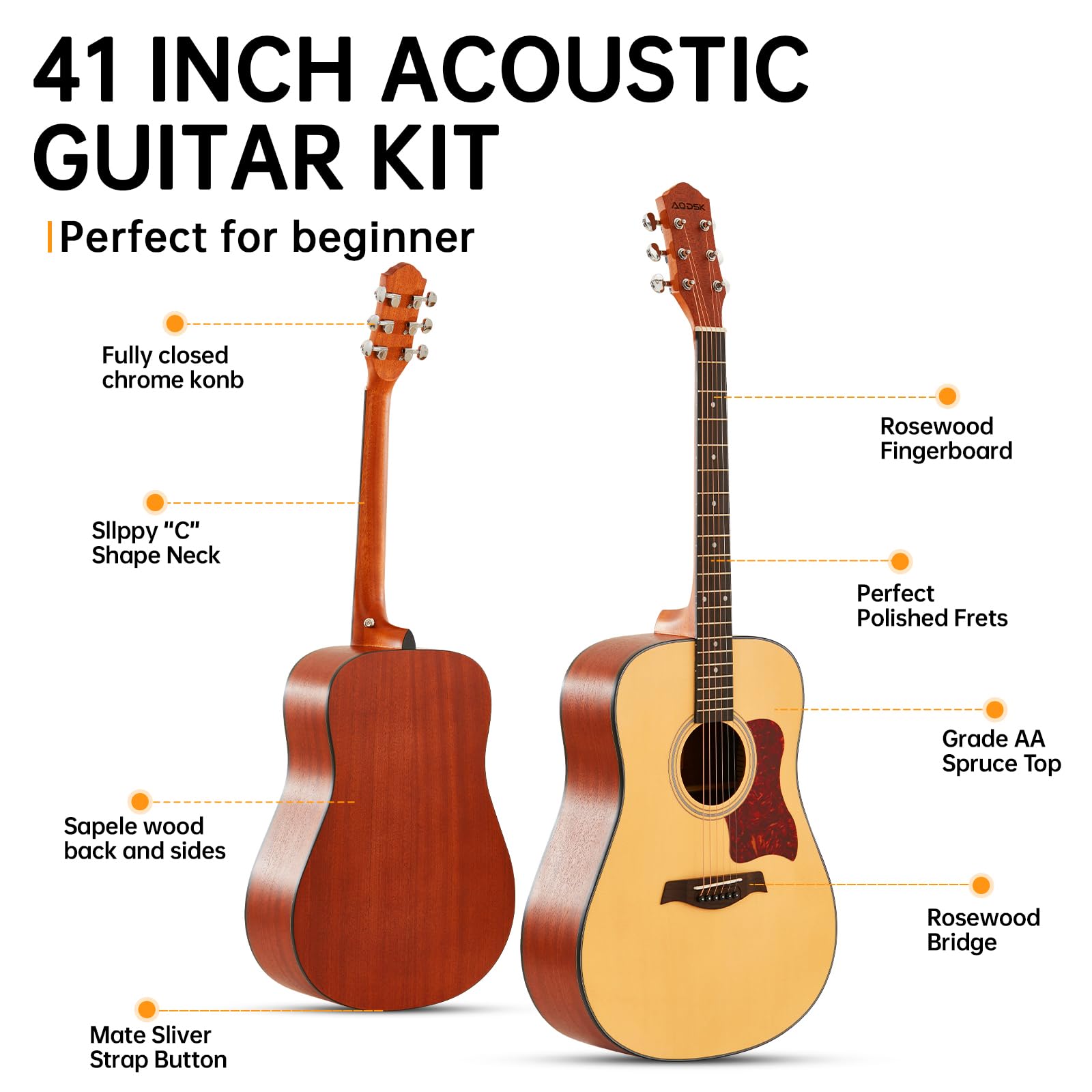 AODSK Acoustic Guitar Beginner 41 Inch Full Size matte Spruce Top Guit