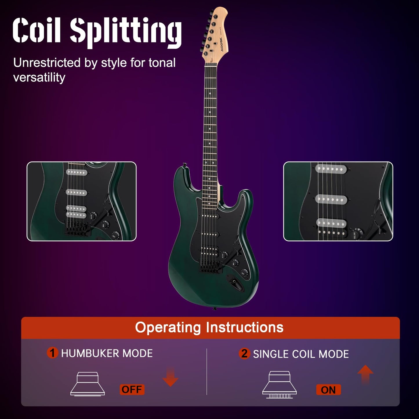 AODSK Electric Guitar, 39" Beginner Electric Guitar Kit, Matte Finish, HSS Pickups, Guitar Starter Kit with AMP, Includes Digital Tuner, Strings, Pick, Vibrato Bar, Capo, Strap, Gig Bag (Green)