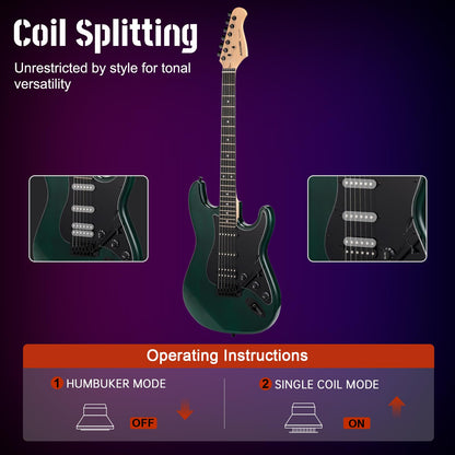 AODSK Electric Guitar, 39" Beginner Electric Guitar Kit, Matte Finish, HSS Pickups, Guitar Starter Kit with AMP, Includes Digital Tuner, Strings, Pick, Vibrato Bar, Capo, Strap, Gig Bag (Green)