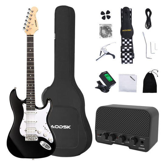 AODSK Electric Guitar with Amp Beginner Kit 39 Inch Solid Body Full Size,All Accessories,Digital Tuner,Six Strings,Four Picks,Tremolo Bar,Strap,Gig Bag,Starter kit (Black-HSS)