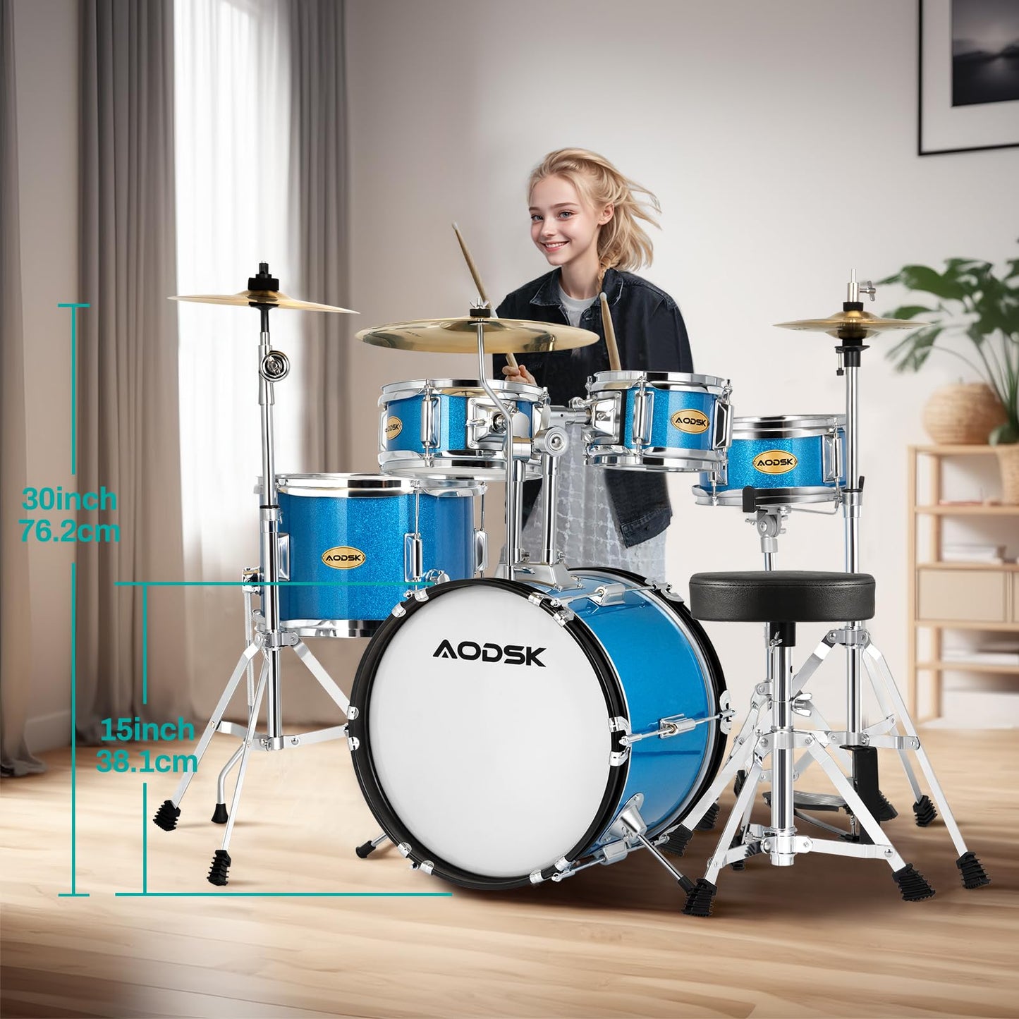 AODSK Drum Sets 5-Piece for Beginners, 14 inch Full Size Complete Drum Kit with Adjustable Throne, Cymbal, Hi-Hat, Pedal & Drumstick