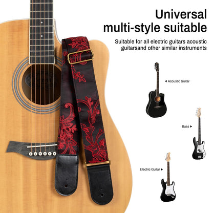 AODSK Guitar Strap Vintage Woven Adjustable,includes 2 Strap Locks, For Bass, Electric & Acoustic Guitars (Crimson Thorn)