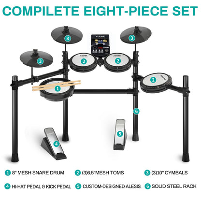 AODSK Electronic Drum Set, Professional Mesh Drum Pads, Upgraded Sound Module (260 sounds/30 Kits/20 Songs),Includes Sticks,Headphones,drum throne (2025 New Upgraded)