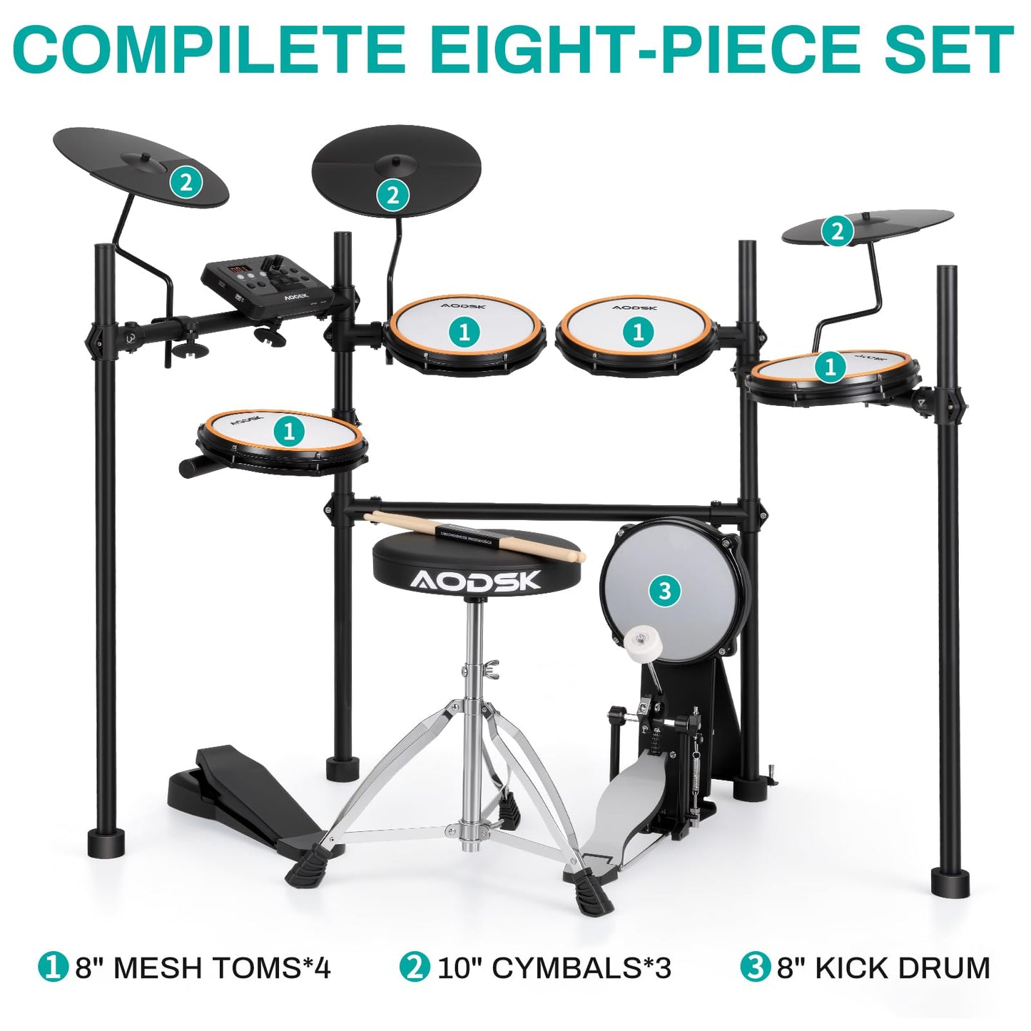 AODSK Electric Drum Set with Quiet Mesh Pads,Electronic Drum for Beginner,USB MIDI,Throne,Headphones,Sticks, Included 40 Kits and 450 Sounds