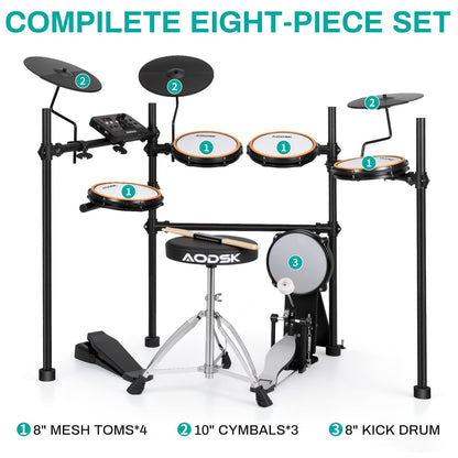 AODSK Electric Drum Set with Quiet Mesh Pads,Electronic Drum for Beginner,USB MIDI,Throne,Headphones,Sticks, Included 40 Kits and 450 Sounds