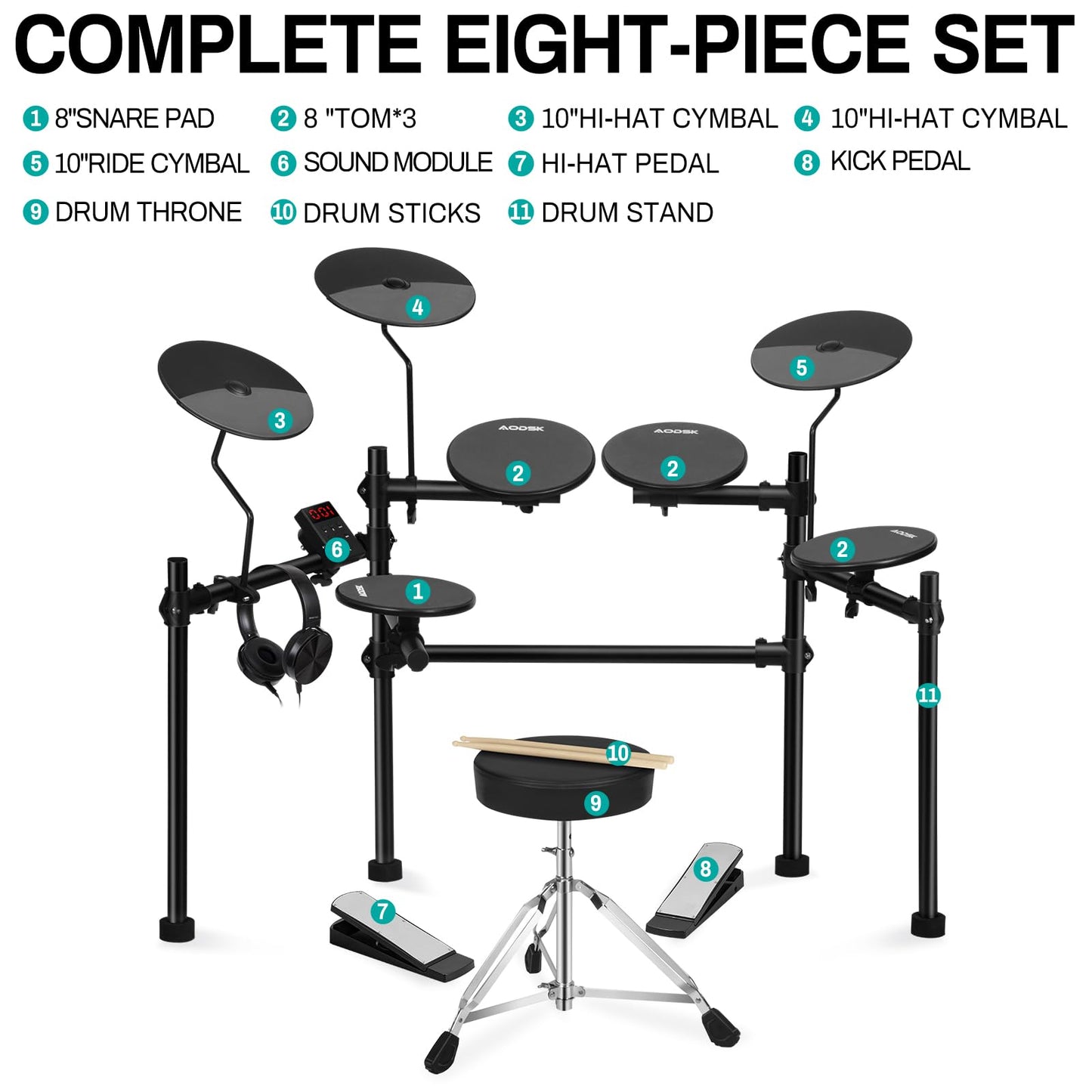 AODSK Electric Drum Set with 4 Quiet Drum Pads,Portable and Solid Drum Set for Beginner with 200 Sounds,2 Switch Pedal,Drum Throne,Drumsticks,Headphones (UAED-403TS)