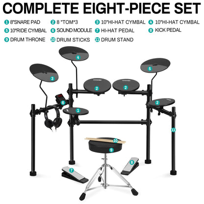 AODSK Electric Drum Set with 4 Quiet Drum Pads,Portable and Solid Drum Set for Beginner with 200 Sounds,2 Switch Pedal,Drum Throne,Drumsticks,Headphones (UAED-403TS)