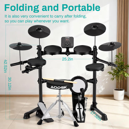 AODSK Electric Drum Set for Beginners with 241 Sounds,4 Quiet Drum Pads,2 Pedal,Throne,Sticks,Electronic Drum with Headphone,AED-400pro
