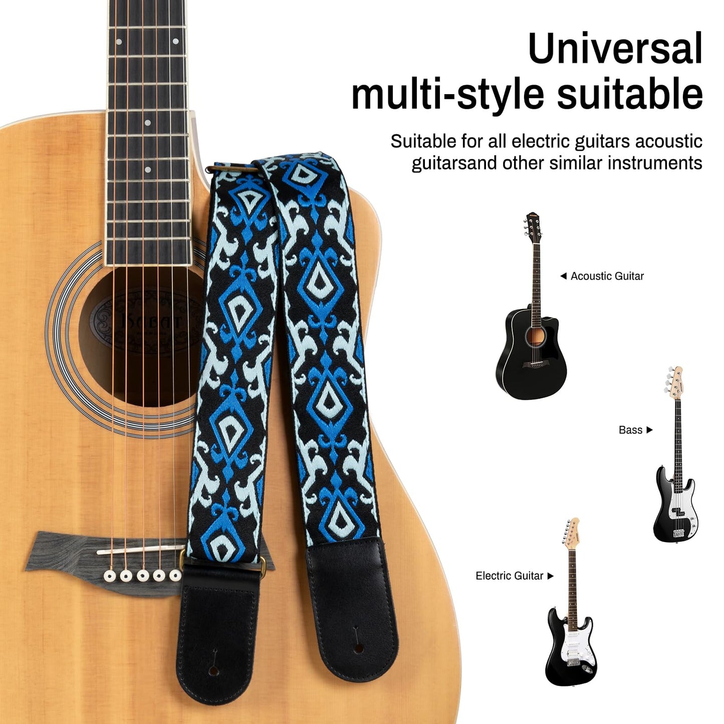 AODSK Guitar Strap Vintage Woven Adjustable,includes 2 Strap Locks, For Bass, Electric & Acoustic Guitars (Blue)