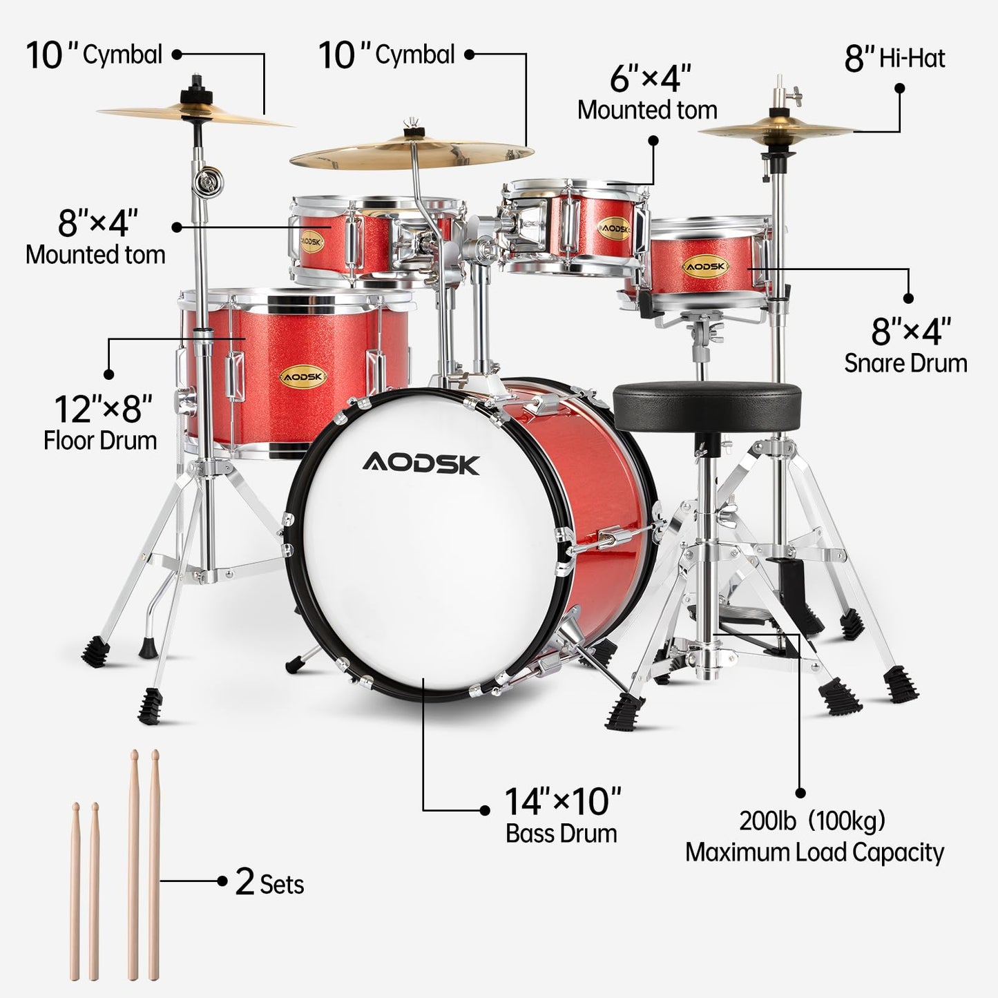 AODSK Drum Sets 5-Piece for Beginners, 14 inch Full Size Complete Drum Kit with Adjustable Throne, Cymbal, Hi-Hat, Pedal & Drumstick