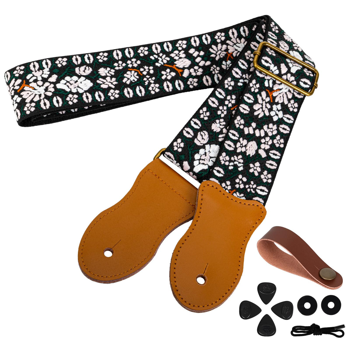 AODSK Guitar Strap Vintage Woven Adjustable,includes 2 Strap Locks, For Bass, Electric & Acoustic Guitars (Pink Bloom)