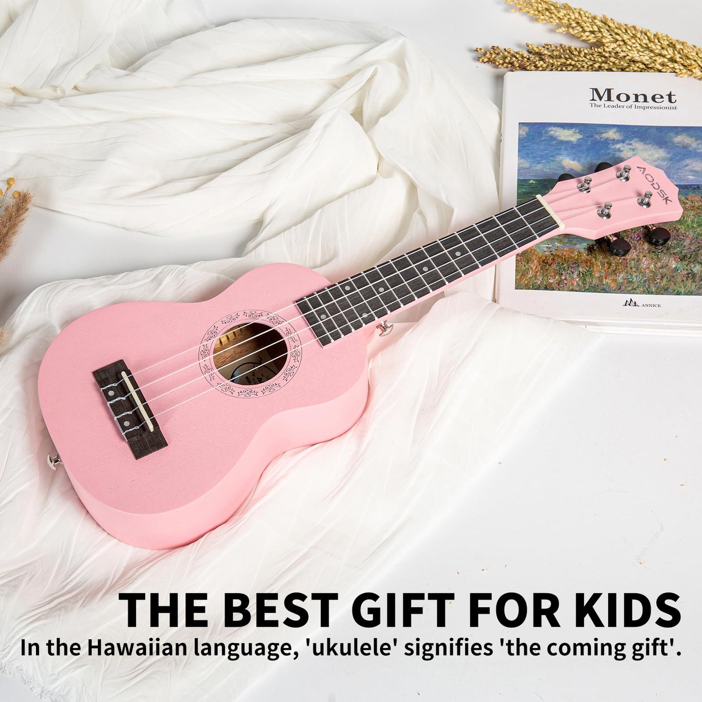 AODSK Soprano Pink Ukulele for Beginner 21 Inch Ukelele with Gig Bag Strap Nylon String 4 Picks Holiday Gift