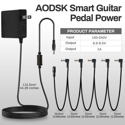 AODSK Guitar Pedal Power Supply Adapter,Guitar Pedal Power Supply Adapter 9V DC 1A,5 Way Daisy Chain Cables