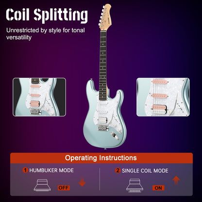 AODSK Electric Guitar, 39" Beginner Electric Guitar Kit, Matte Finish, HSS Pickups, Guitar Starter Kit with AMP, Includes Digital Tuner, Strings, Pick, Vibrato Bar, Capo, Strap, Gig Bag, Blue
