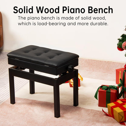 AODSK Adjustable Wooden Piano Bench with Padded Cushion and Storage with Sheet Music Storage Black 22.05''x13.39''x18.31''(Height Adjustable Range:18.31''-22.05'')
