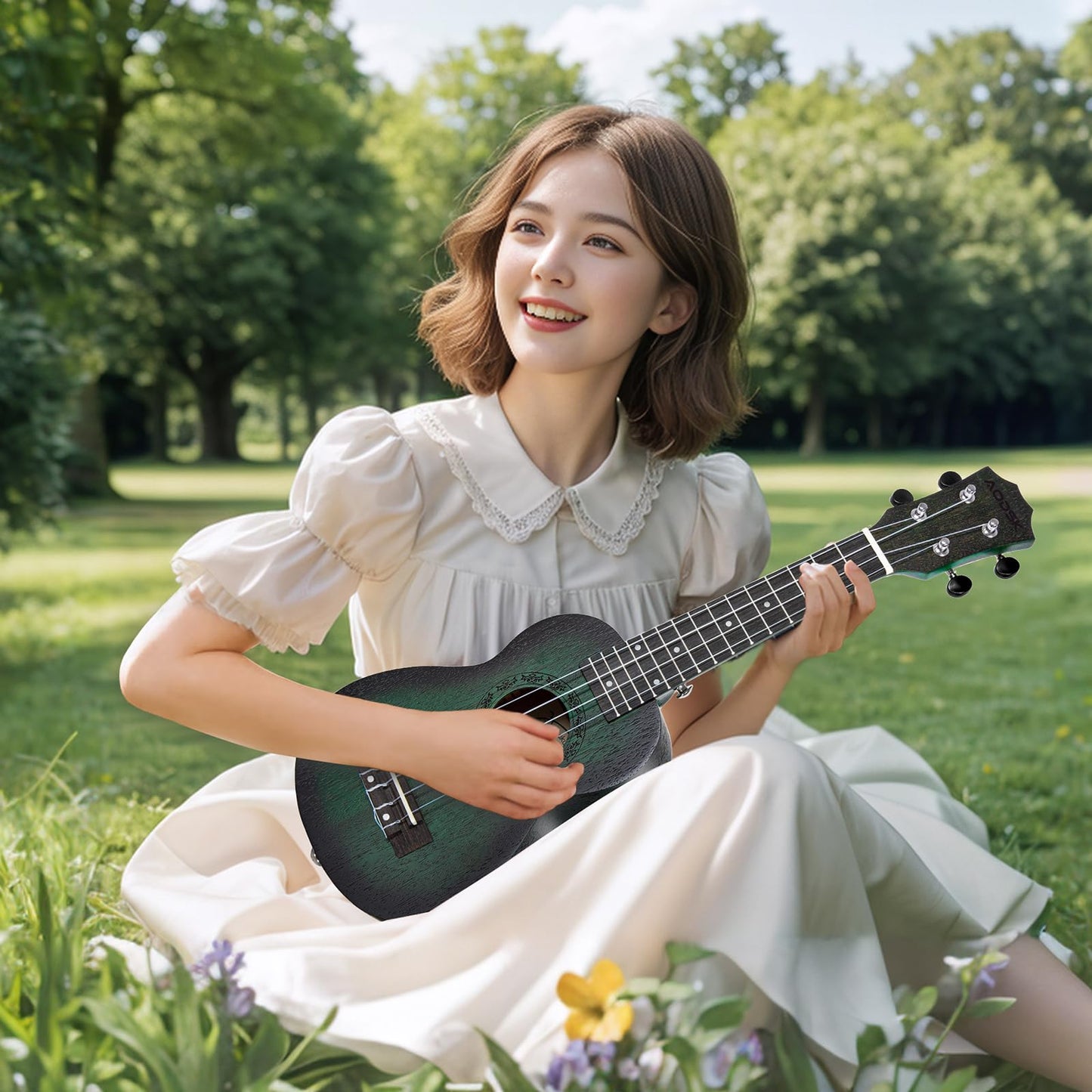 AODSK Soprano Green Ukulele for Beginner 21 Inch Ukelele with Gig Bag Strap Nylon String 4 Picks Holiday Gift