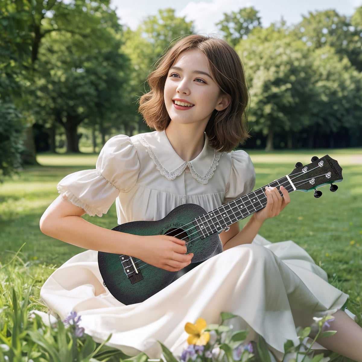 AODSK Soprano Green Ukulele for Beginner 21 Inch Ukelele with Gig Bag Strap Nylon String 4 Picks Holiday Gift