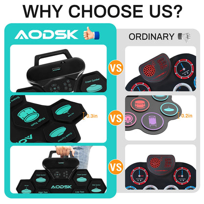 AODSK Electronic Drum Set,9 Practice Pad with Headphone Jack,Roll-up Machine Built-in Speaker Drum Pedals Drum Sticks,Great Holiday Christmas Birthday Gift