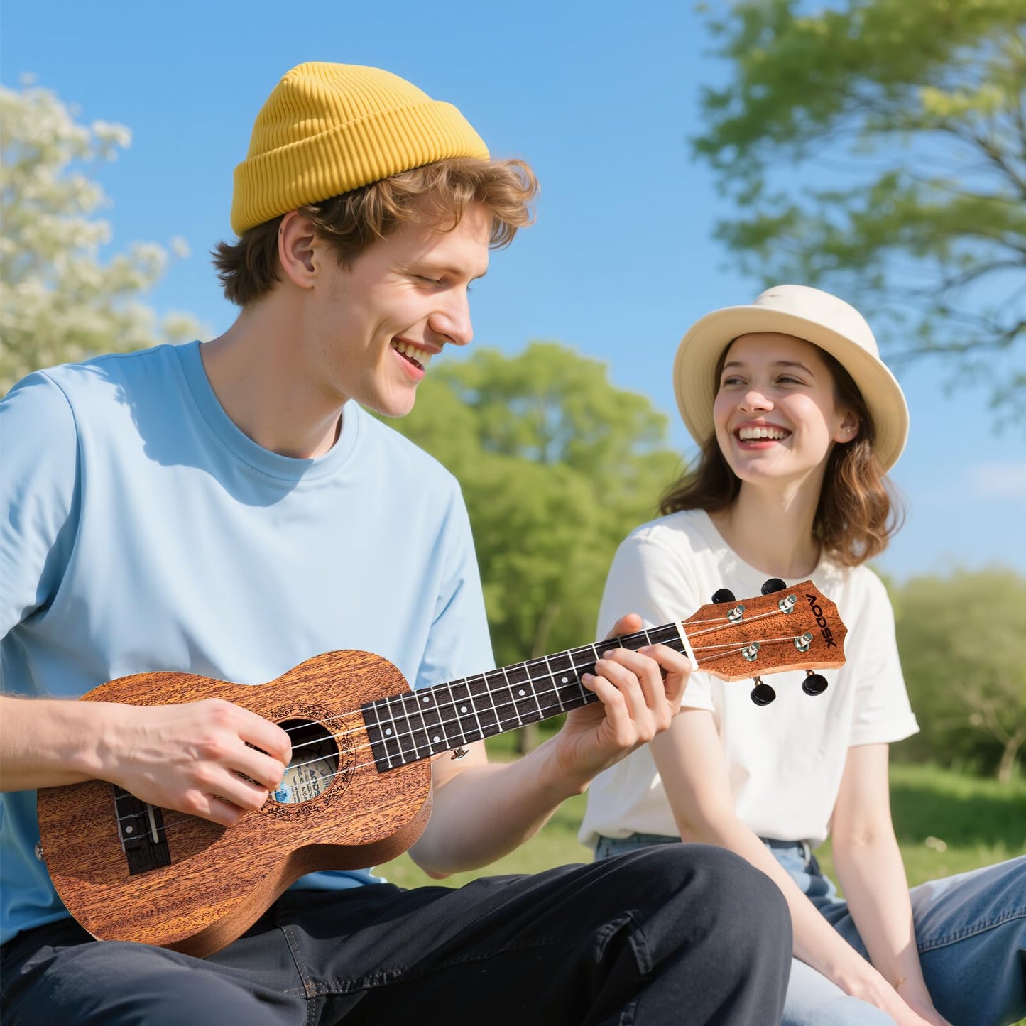 AODSK Soprano Ukulele for Beginner 21 Inch Ukelele with Gig Bag Strap Nylon String 4 Picks Holiday Gift