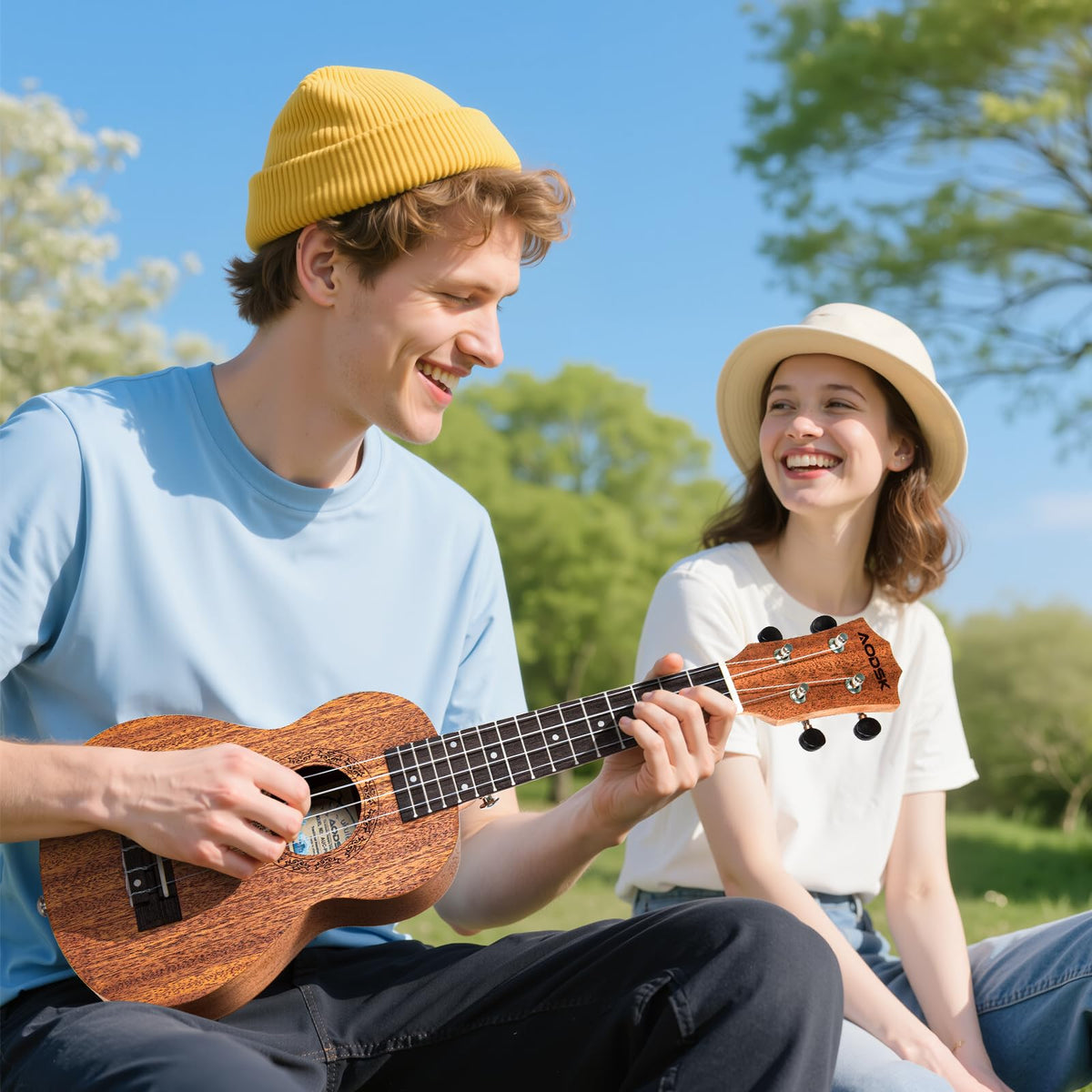 AODSK Soprano Ukulele for Beginner 21 Inch Ukelele with Gig Bag Strap Nylon String 4 Picks Holiday Gift