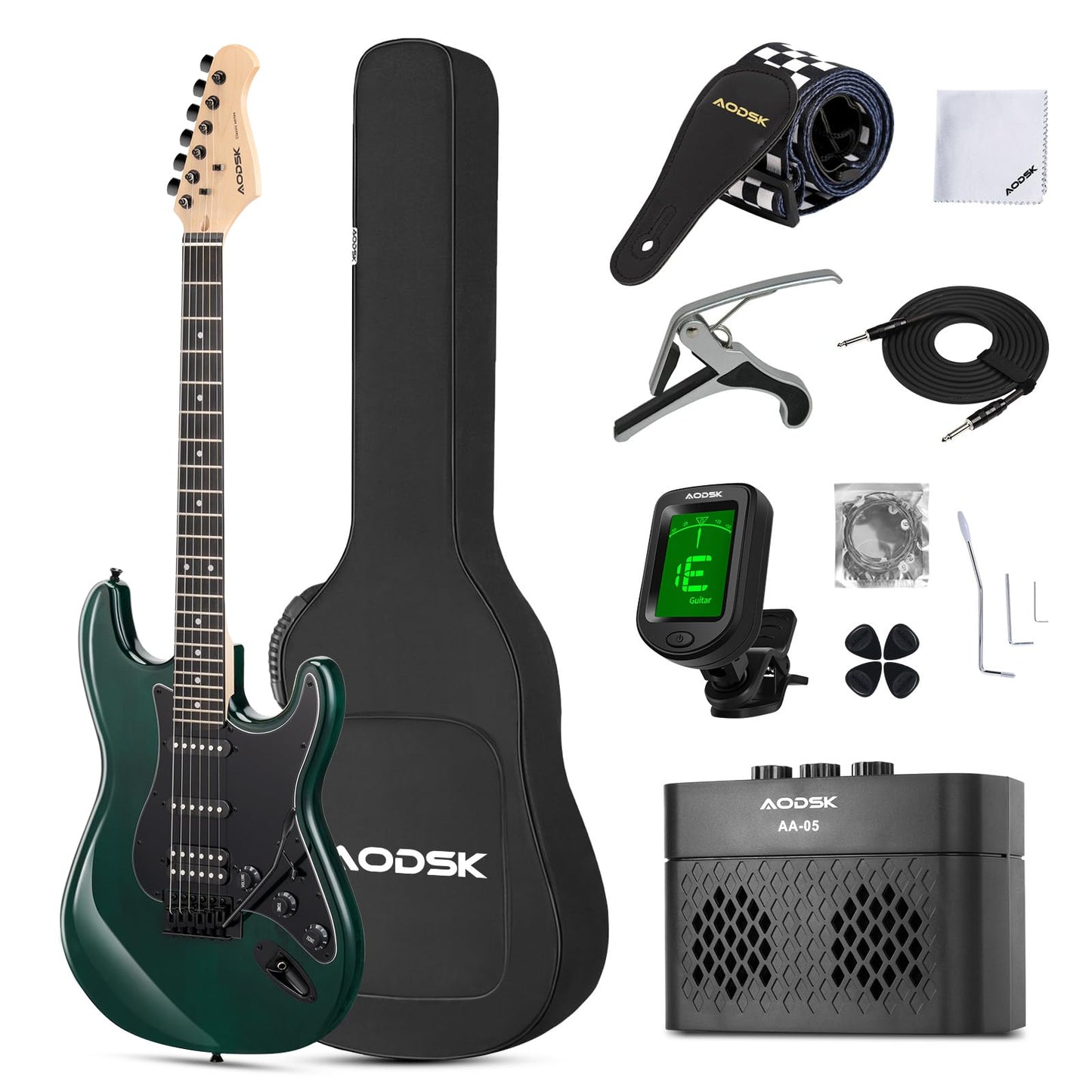 AODSK Electric Guitar, 39" Beginner Electric Guitar Kit, Matte Finish, HSS Pickups, Guitar Starter Kit with AMP, Includes Digital Tuner, Strings, Pick, Vibrato Bar, Capo, Strap, Gig Bag (Green)