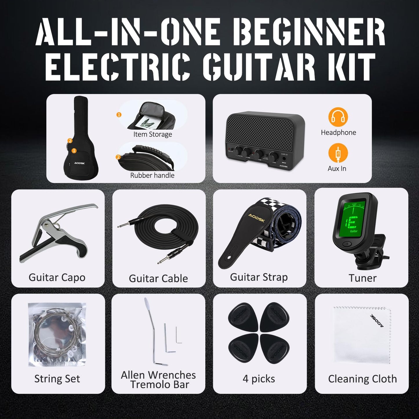 AODSK Electric Guitar for Beginners – 39" Black SSS | Classic Strat-Style Electric Guitar Kit with Amp, Gig Bag & Accessories