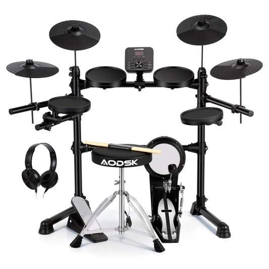 AODSK Electric Drum Set for Beginners with 241 Sounds,4 Quiet Drum Pads,2 Pedal,Throne,Sticks,Electronic Drum with Headphone,AED-400pro