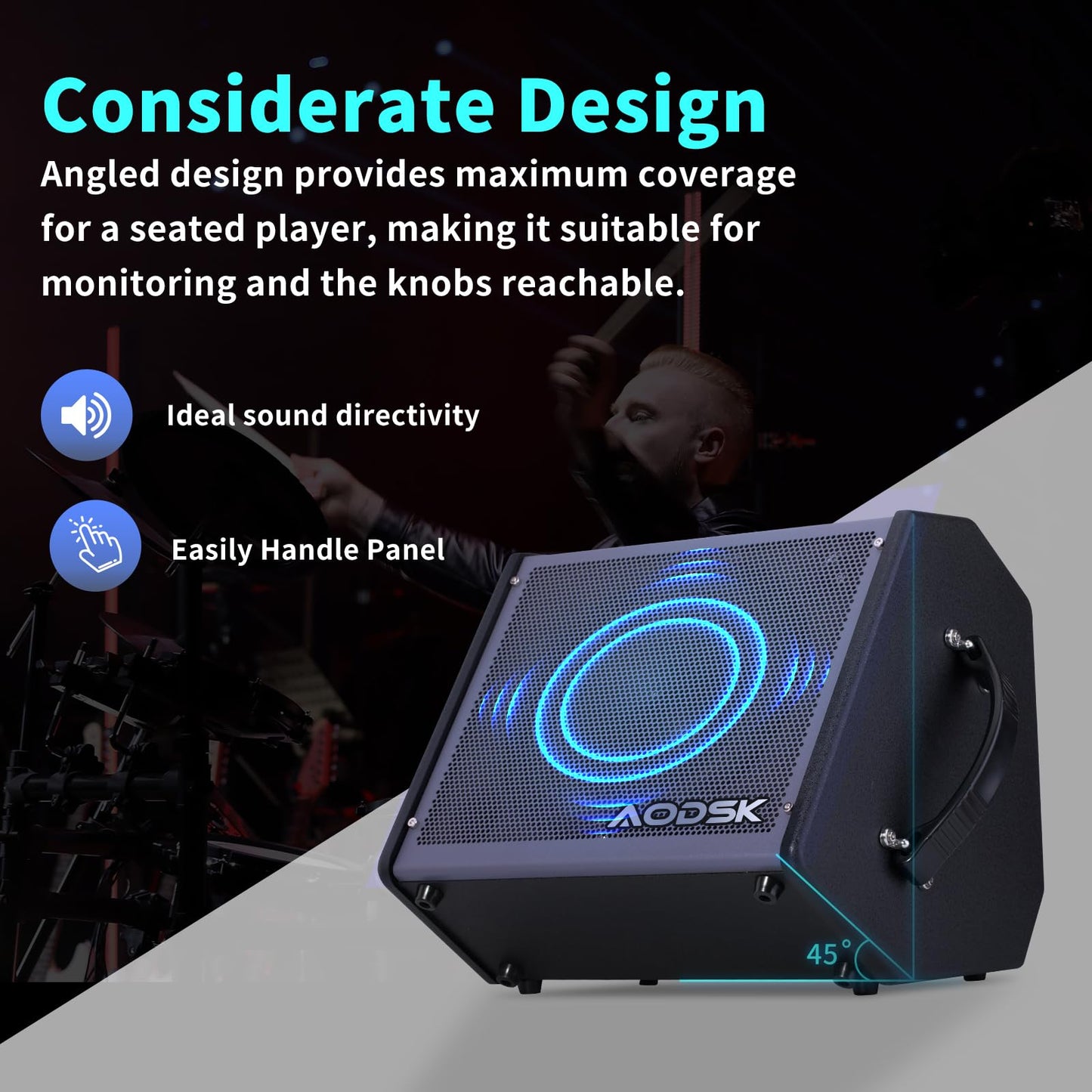 AODSK 35W Drum Amplifier with Dual Speakers – 8" Woofer + 2" Tweeter | Electronic Drum Amp for E-Kits, Keyboard & Bass | AUX Input, Recording Output, Treble/Mid Control
