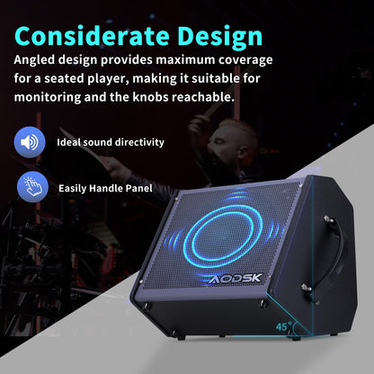 AODSK 35W Drum Amplifier with Dual Speakers – 8" Woofer + 2" Tweeter | Electronic Drum Amp for E-Kits, Keyboard & Bass | AUX Input, Recording Output, Treble/Mid Control