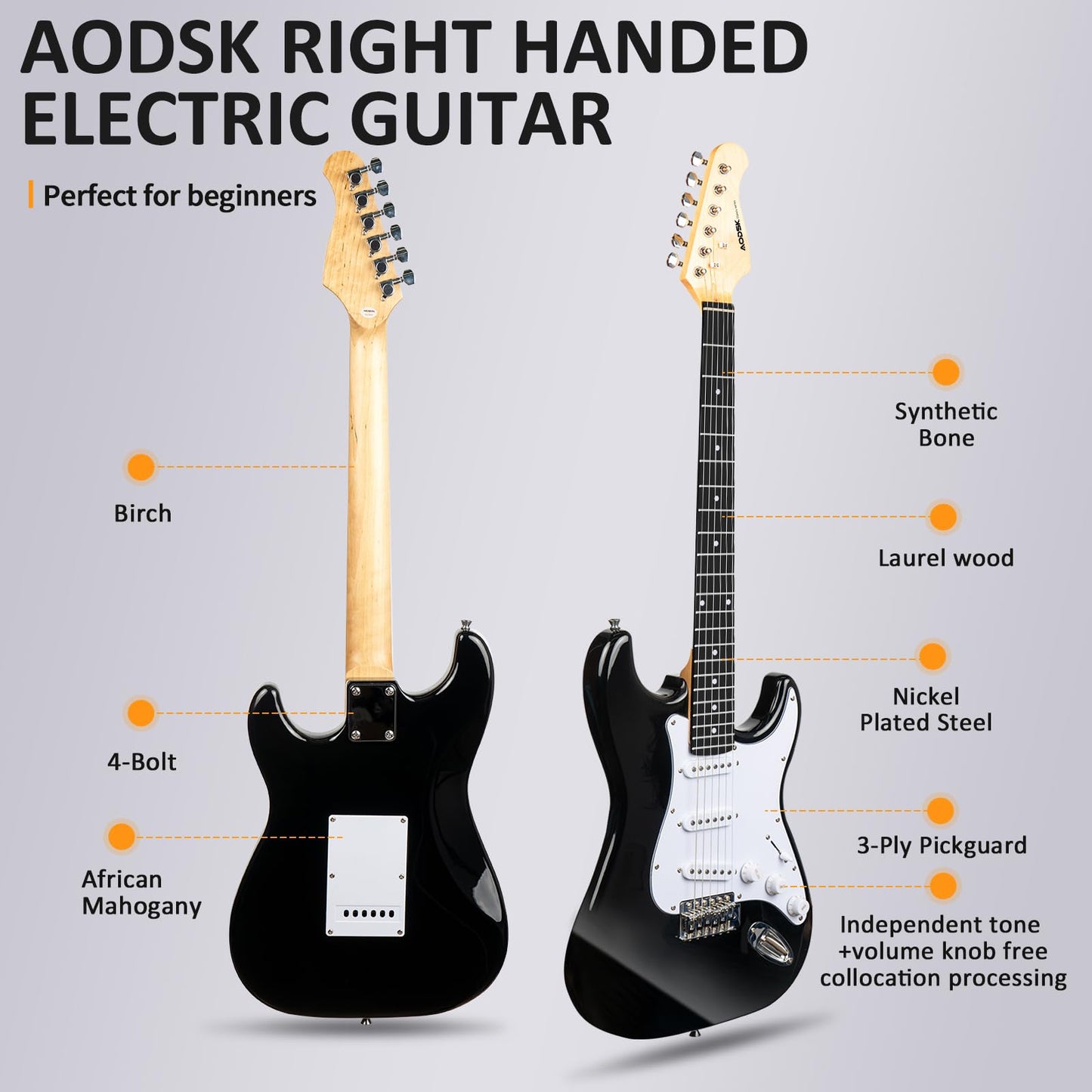 AODSK Electric Guitar for Beginners – 39" Black SSS | Classic Strat-Style Electric Guitar Kit with Amp, Gig Bag & Accessories
