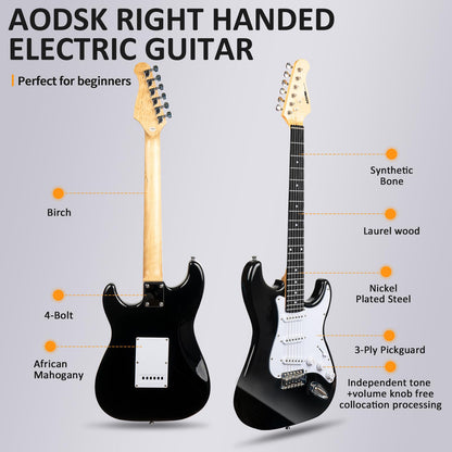 AODSK Electric Guitar for Beginners – 39" Black SSS | Classic Strat-Style Electric Guitar Kit with Amp, Gig Bag & Accessories