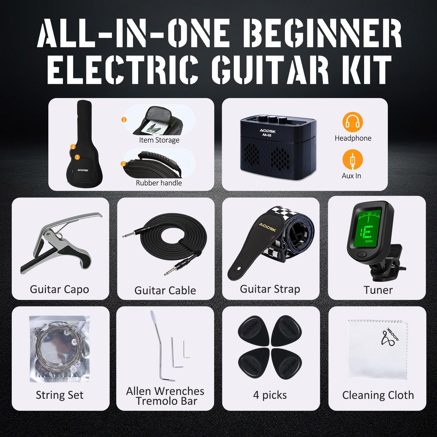 AODSK 39" Electric Guitar Starter Kit – Ocean Blue HSS | Style-Forward Beginner Set with Bluetooth Amp