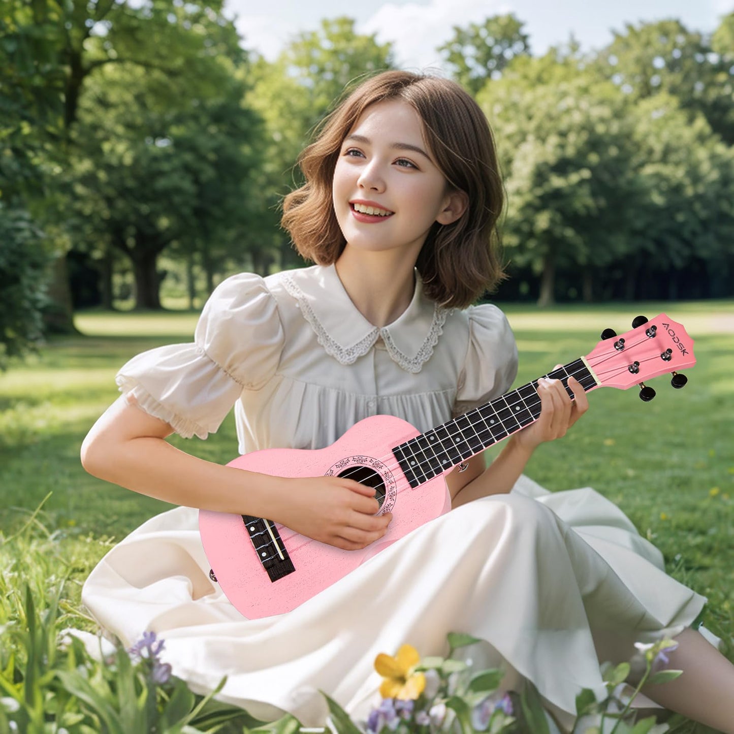 AODSK Soprano Pink Ukulele for Beginner 21 Inch Ukelele with Gig Bag Strap Nylon String 4 Picks Holiday Gift