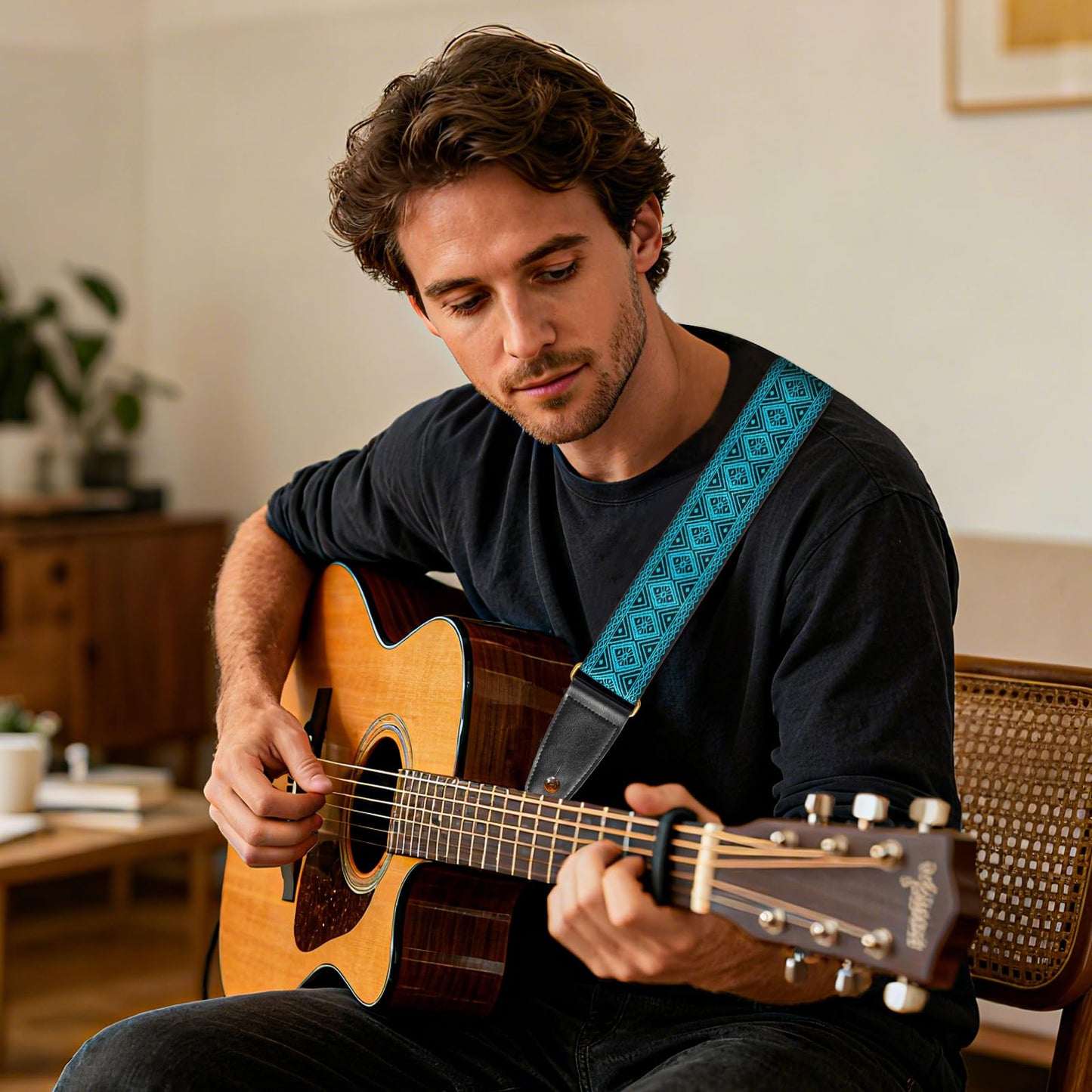 AODSK Guitar Strap Vintage Woven Adjustable,includes 2 Strap Locks, For Bass, Electric & Acoustic Guitars (Blue Rhombus)