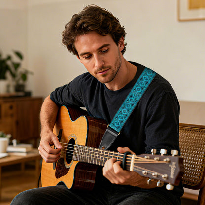 AODSK Guitar Strap Vintage Woven Adjustable,includes 2 Strap Locks, For Bass, Electric & Acoustic Guitars (Blue Rhombus)