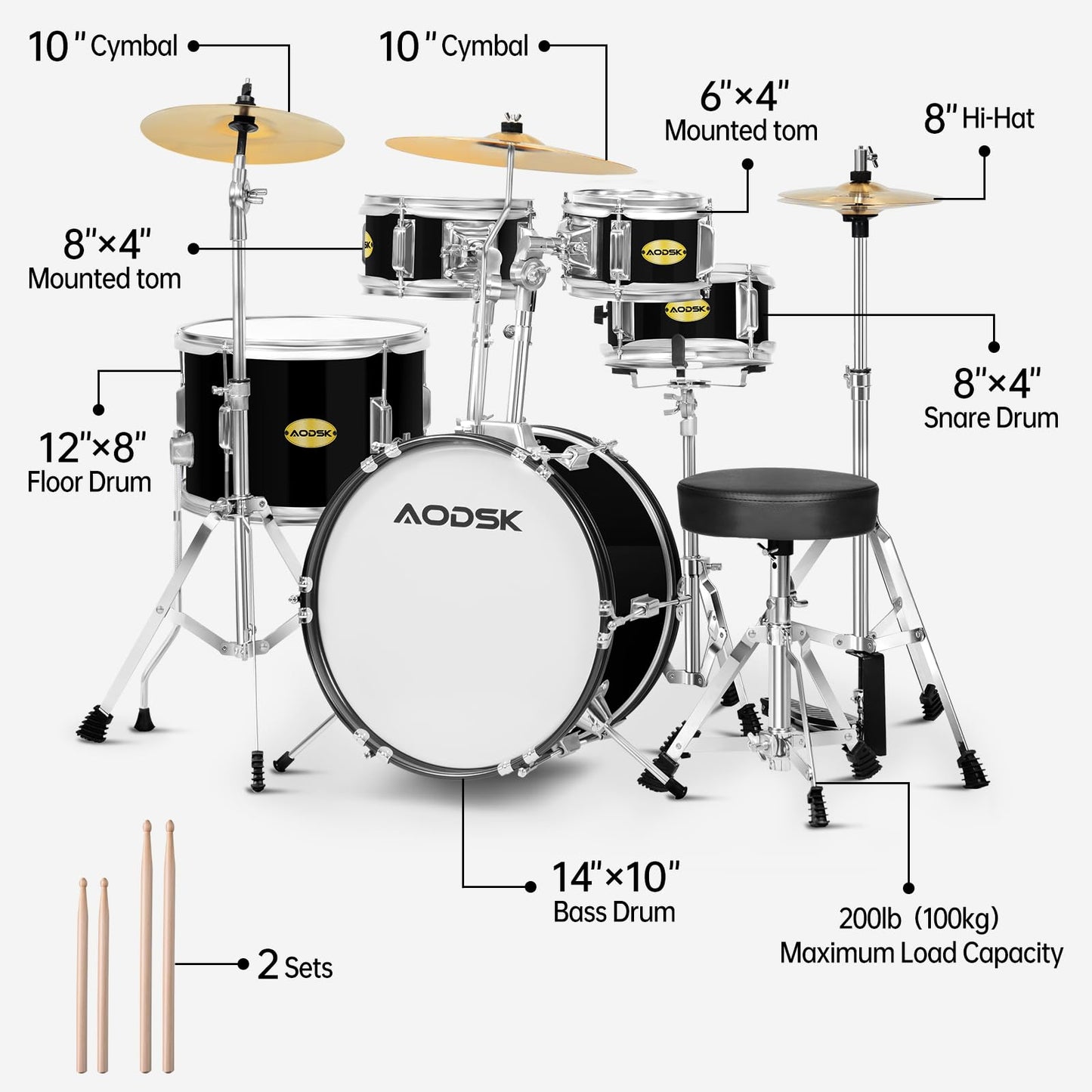 AODSK 5-Piece Beginner Drum Set – 14" Full Size Kit with Throne, Cymbal, Hi-Hat & Pedal