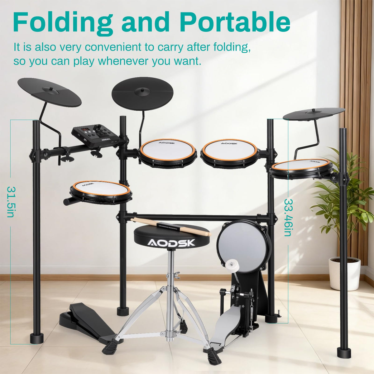 AODSK静音网面电子鼓套装，适合初学者，带USB MIDI、鼓凳、耳机、鼓槌，内置40套鼓和450种音色