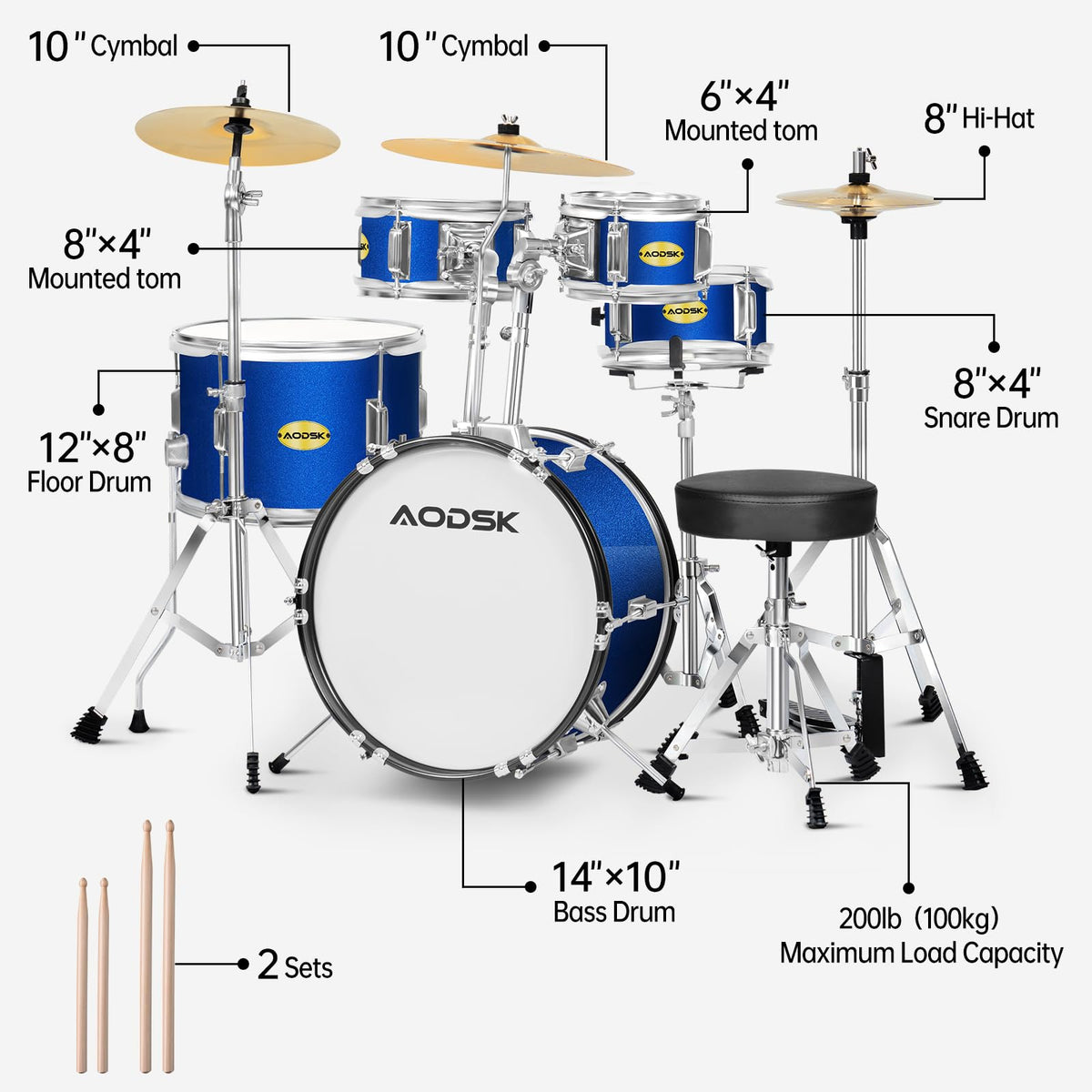 AODSK 5-Piece Beginner Drum Set – 14" Full Size Kit in Blue with Throne, Cymbal, Hi-Hat & Pedal