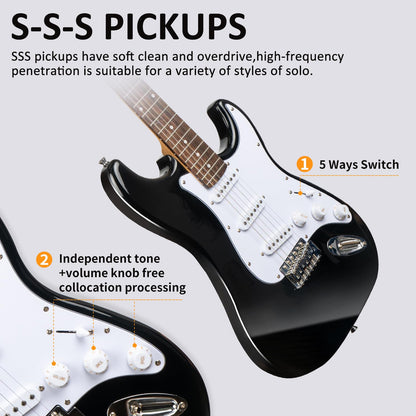 AODSK Electric Guitar for Beginners – 39" Black SSS | Classic Strat-Style Electric Guitar Kit with Amp, Gig Bag & Accessories