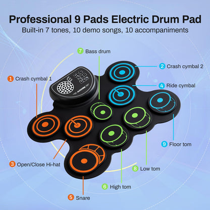 AODSK Electric Drum Set Built-in Speaker, Drum Pad and Sticks, Portable Roll Up Drums Practice Pad, Great Holiday gifts