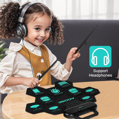 AODSK Electronic Drum Set,9 Practice Pad with Headphone Jack,Roll-up Machine Built-in Speaker Drum Pedals Drum Sticks,Great Holiday Christmas Birthday Gift