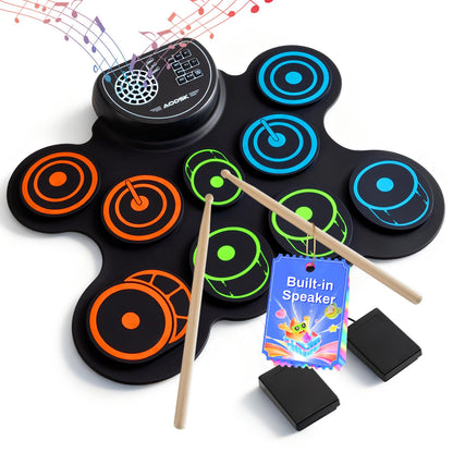 AODSK Electric Drum Set Built-in Speaker, Drum Pad and Sticks, Portable Roll Up Drums Practice Pad, Great Holiday gifts