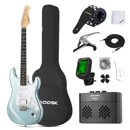 AODSK Electric Guitar, 39" Beginner Electric Guitar Kit, Matte Finish, HSS Pickups, Guitar Starter Kit with AMP, Includes Digital Tuner, Strings, Pick, Vibrato Bar, Capo, Strap, Gig Bag, Blue
