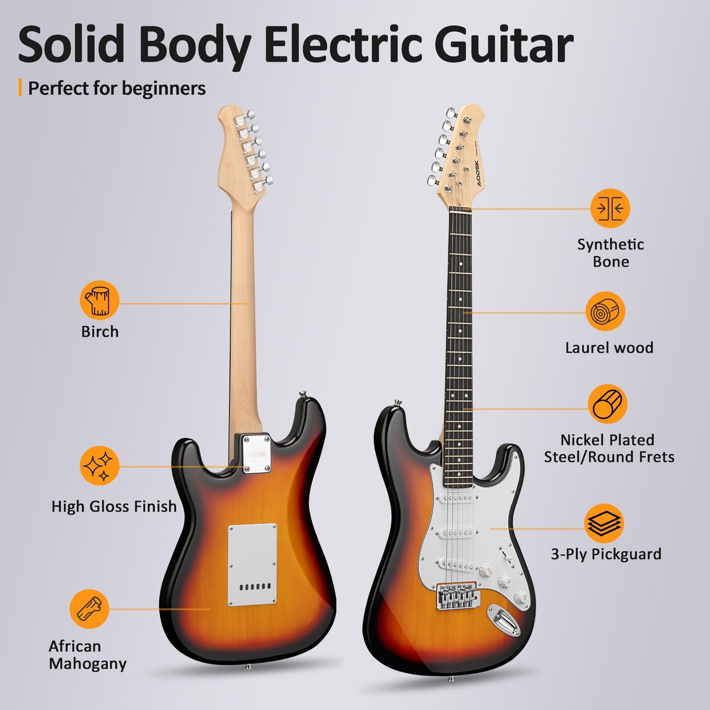 AODSK Electric Guitar for Beginners – 39" Sunburst SSS | Authentic Strat-Style Electric Guitar Kit with Amp, Gig Bag & Accessories