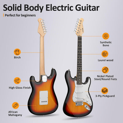 AODSK Electric Guitar for Beginners – 39" Sunburst SSS | Authentic Strat-Style Electric Guitar Kit with Amp, Gig Bag & Accessories